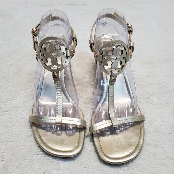 Tory Burch Gold Metallic Bohemian Formal T Strap Sandal Buckle Wedge Heels 10 M - Picture 1 of 16